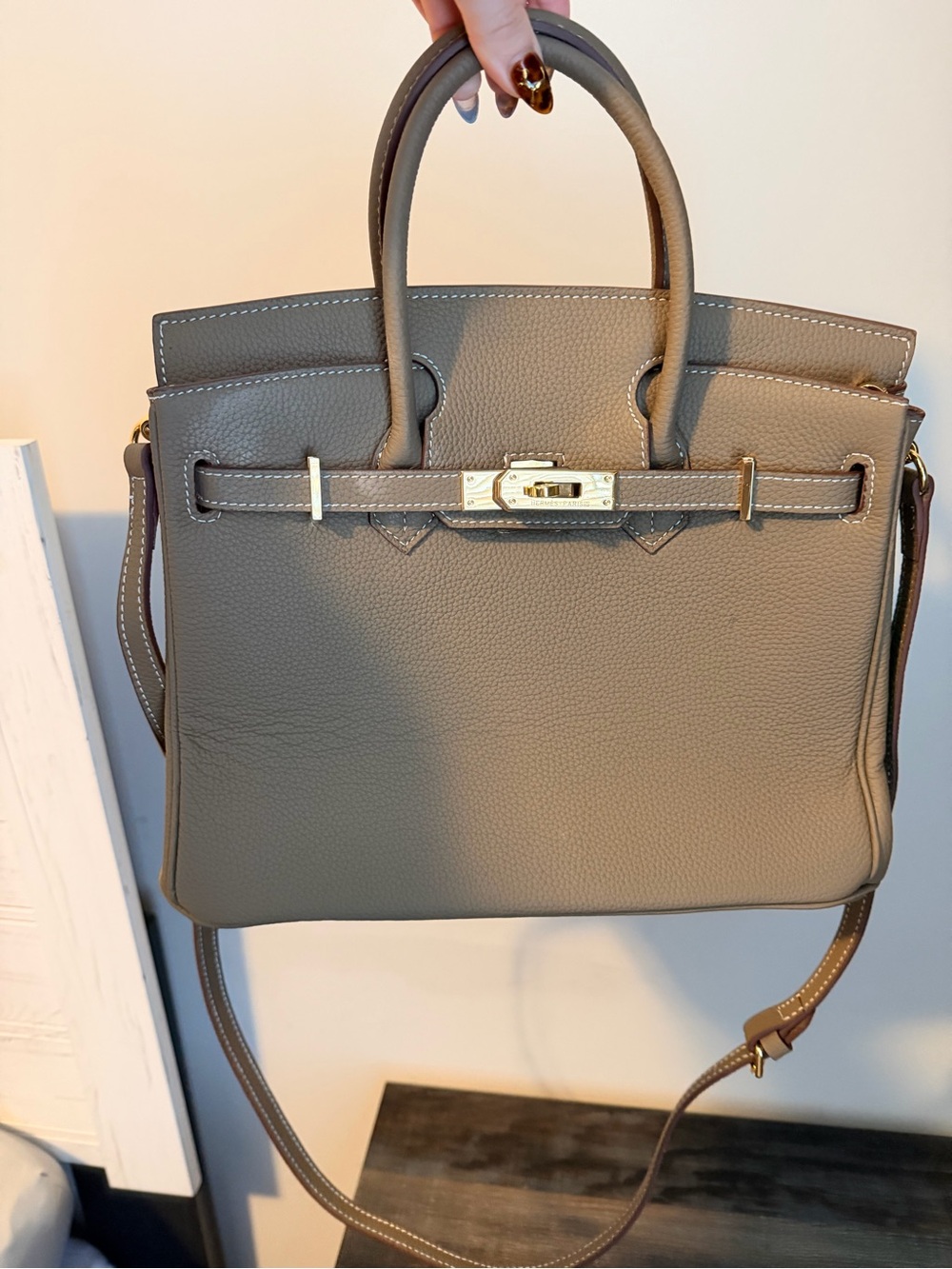 Taupe Leather Top-Handle Womens Bag with Shoulder Strap